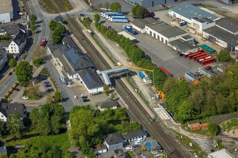 Aerial view, Bestwig railway station, Deutsche Bahn AG, construction site with construction crane,