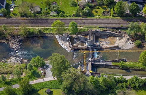 Aerial view, construction site, construction work renovation weir Velmede, Velmede, Bestwig,
