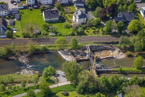 Aerial view, construction site, construction work renovation dam Velmede, Velmede, Bestwig,