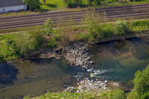 Aerial view, boulders in the river Ruhr, Velmede, Bestwig, Sauerland, North Rhine-Westphalia,
