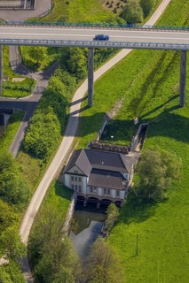 Aerial view, Velmede hydropower plant at the Ruhr Valley Bridge Velmede, Velmede, Bestwig,