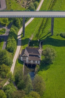 Aerial view, Velmede hydropower plant at the Ruhr Valley Bridge Velmede, Velmede, Bestwig,