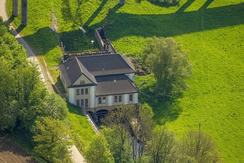 Aerial view, Velmede hydropower plant at the Ruhr Valley Bridge Velmede, Velmede, Bestwig,