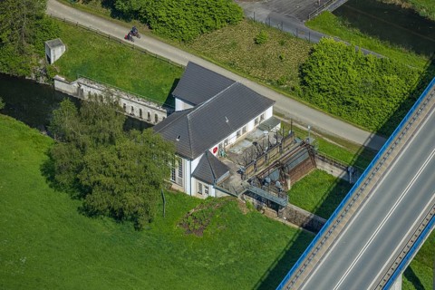 Aerial view, Velmede hydroelectric power station at the Ruhr valley bridge Velmede, Velmede,