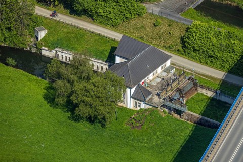 Aerial view, Velmede hydropower plant at the Ruhr Valley Bridge Velmede, Velmede, Bestwig,