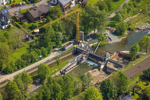 Aerial view, construction site, construction work, renovation of Velmede dam, Velmede, Bestwig,