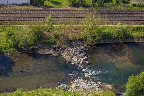 Aerial view, boulders in the river Ruhr, Velmede, Bestwig, Sauerland, North Rhine-Westphalia,