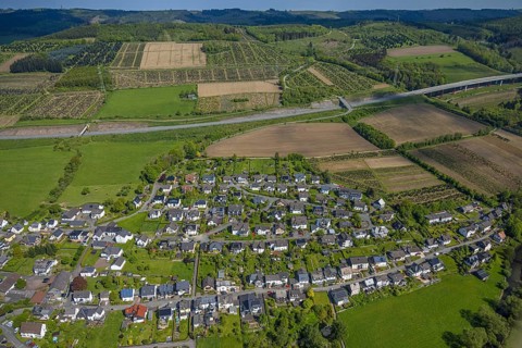 Aerial view, residential area local view district Velmede surrounded by meadows and fields, tree