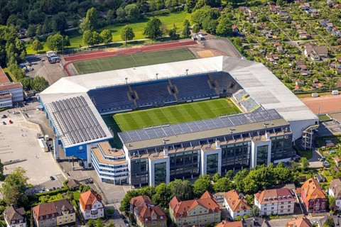 Aerial view, football stadium SchücoArena of DSC Arminia Bielefeld, also Almstadion or Bielefelder