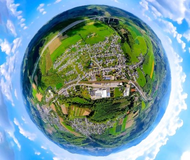 Aerial view, residential area view of Nuttlar and federal road B7 with commercial area Vermeer