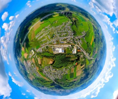 Aerial view, residential area, view of Nuttlar and federal road B7 with industrial estate Vermeer