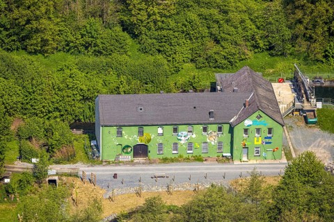 Aerial view, Altes Wasserkraftwerk Alfert, NaturRanger e.V., and green house painted with animals
