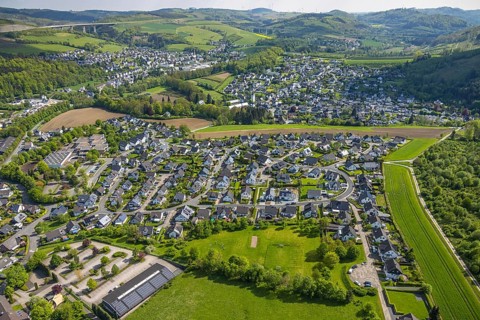 Aerial view, residential area local view Bestwig, Ostwig and Nuttlar with motorway A46 viaduct