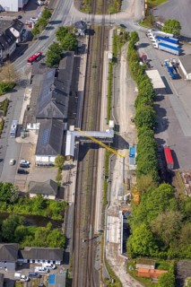 Aerial view, Bestwig railway station, Deutsche Bahn AG, construction site with construction crane,