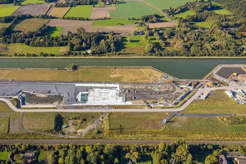 Aerial view, Wasserstadt Aden on the Datteln-Hamm Canal, construction area for planned urban
