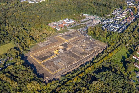 Aerial view, Kuckuck mine accident memorial park, construction site for new forest housing estate