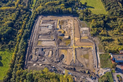 Aerial view, Kuckuck shaft mining accident memorial park, construction site for new forest