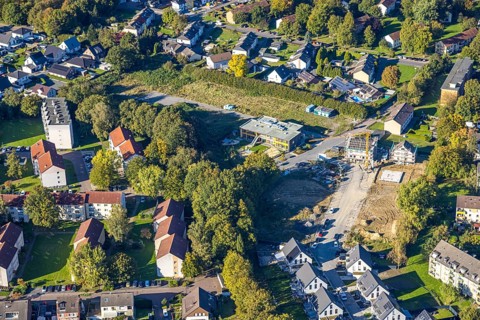 Aerial view, construction site with new building AWO Kita Lippestrolche Kindergarten an der