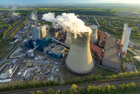 Aerial view, Niederaussem lignite-fired power plant, RWE Power AG power plant site, cooling towers