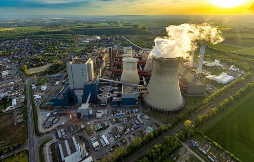 Aerial view, Niederaussem lignite-fired power plant, power plant site of RWE Power AG, cooling