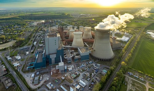 Aerial view, Niederaussem lignite-fired power plant, power plant site of RWE Power AG, cooling
