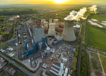 Aerial view, Niederaussem lignite-fired power plant, power plant site of RWE Power AG, cooling