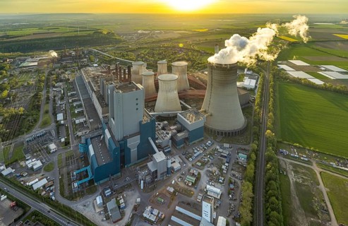 Aerial view, Niederaussem lignite-fired power plant, power plant site of RWE Power AG, cooling