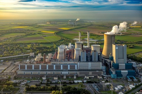 Aerial view, lignite-fired power plant Niederaussem, power plant site of RWE Power AG, cooling