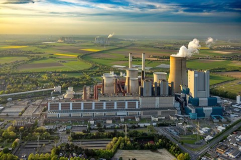 Aerial view, lignite-fired power plant Niederaussem, power plant site of RWE Power AG, cooling