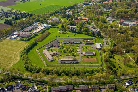 Aerial view, Forensic Psychiatry - LVR Clinic, special psychiatric facilities, circular garden,