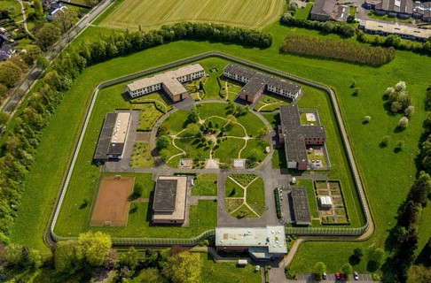 Aerial view, Forensic Psychiatry - LVR Clinic, special psychiatric facilities, circular garden,