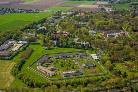 Aerial view, Forensic Psychiatry - LVR Clinic, psychiatric special facilities, circular garden,