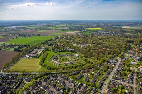 Aerial view, Forensic Psychiatry - LVR Clinic, special psychiatric facilities, circular garden,