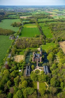 Aerial view, Museum Schloss Moyland, neo-Gothic moated castle and castle park surrounded by meadows