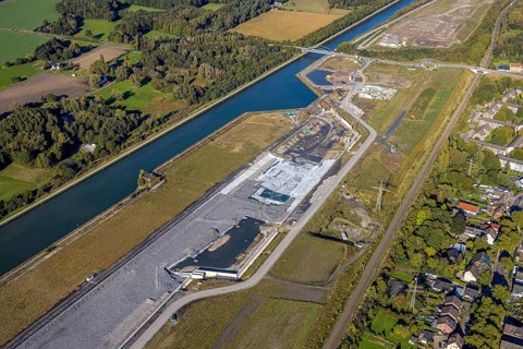 Aerial view, Wasserstadt Aden on the Datteln-Hamm Canal, construction area for planned urban