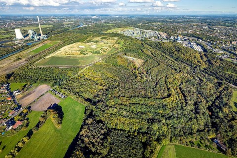 Aerial view, Bergkamen power station and Großes Holz waste rock pile, forest area on the