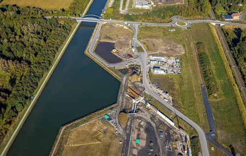 Aerial view, Wasserstadt Aden on the Datteln-Hamm Canal, construction area for planned urban