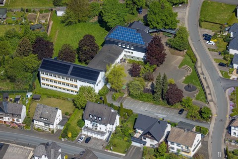 Aerial view, Nuttlar primary school with solar roof, Nuttlar, Bestwig, Sauerland, North