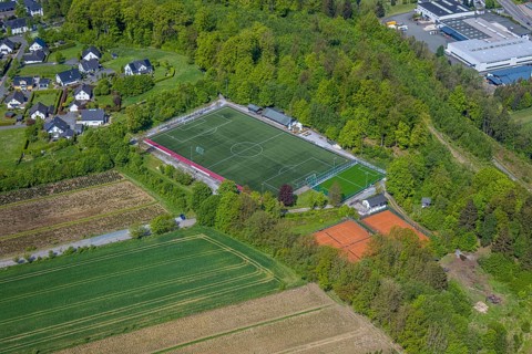 Aerial view, football stadium Ostwig sports ground, tennis courts, Ostwig, Bestwig, Sauerland,