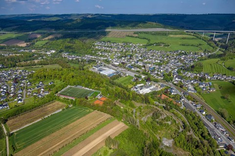 Aerial view, residential area, local view district Nuttlar with motorway A46 valley bridge Nuttlar,