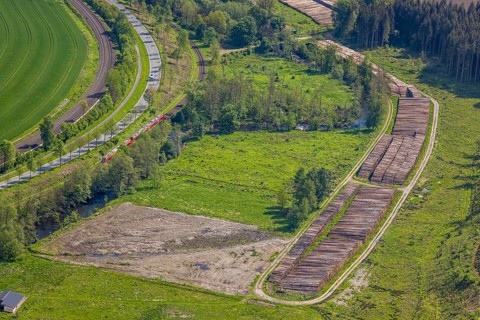 Aerial view, timber wet storage site temporary storage, S-Bahn railway line, road Am Dümel, Ostwig,