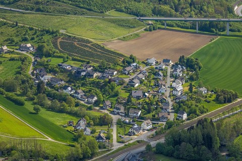 Aerial view, residential area local view district Dümel, behind Ruhr valley bridge Bermecke of the