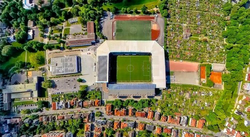 Aerial view, football stadium SchücoArena of DSC Arminia Bielefeld, also Almstadion or Bielefelder