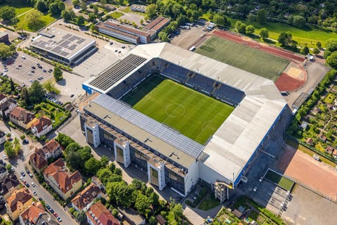 Aerial view, football stadium SchücoArena of DSC Arminia Bielefeld, also Almstadion or Bielefelder