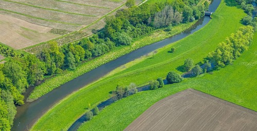 Aerial view, river Luchtmücke with small weir and river Ruhr renaturalisation, Arnsberg Forest