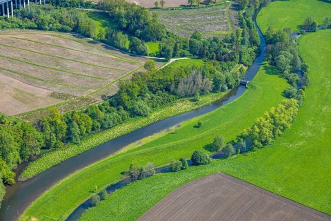 Aerial view, river Luchtmücke with small weir and river Ruhr renaturalisation, Arnsberg Forest