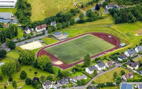 Aerial view, Wabachstadion, football stadium and athletics stadium, Bad Laasphe, Wittgensteiner
