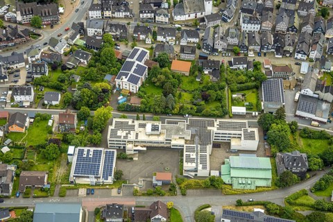 Aerial view, Städt. Gymnasium with solar roof, Bad Laasphe, sports hall TV Laasphe 1863 e.V.,