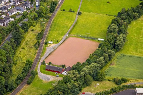 Aerial view, Niederlaasphe sports field, Niederlaasphe SG, Niederlaasphe, Bad Laasphe,