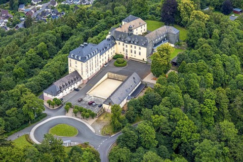 Aerial view, Wittgenstein Castle in the forest, Wittgenstein art, Bad Laasphe, Wittgensteiner Land,